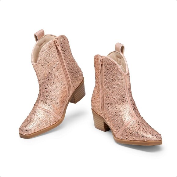 Girls Cowgirl Champagne Cowboy Rhinestone Boots Ankle Low Heel Dress Booties - Picture 5 of 6
